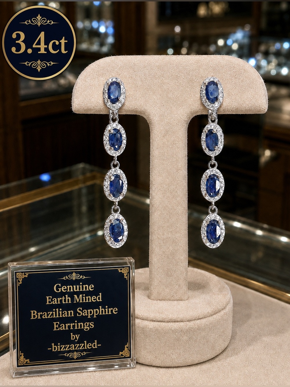 Sapphire & Topaz Dangle Earrings Sterling Silver Genuine Blue White 3.4ct